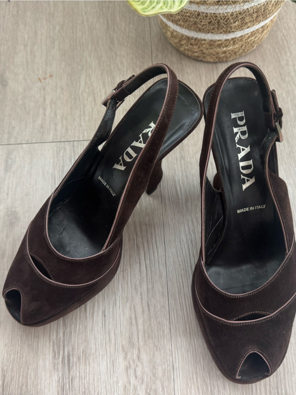 Prada Dark Brown Suede Slingback Heels